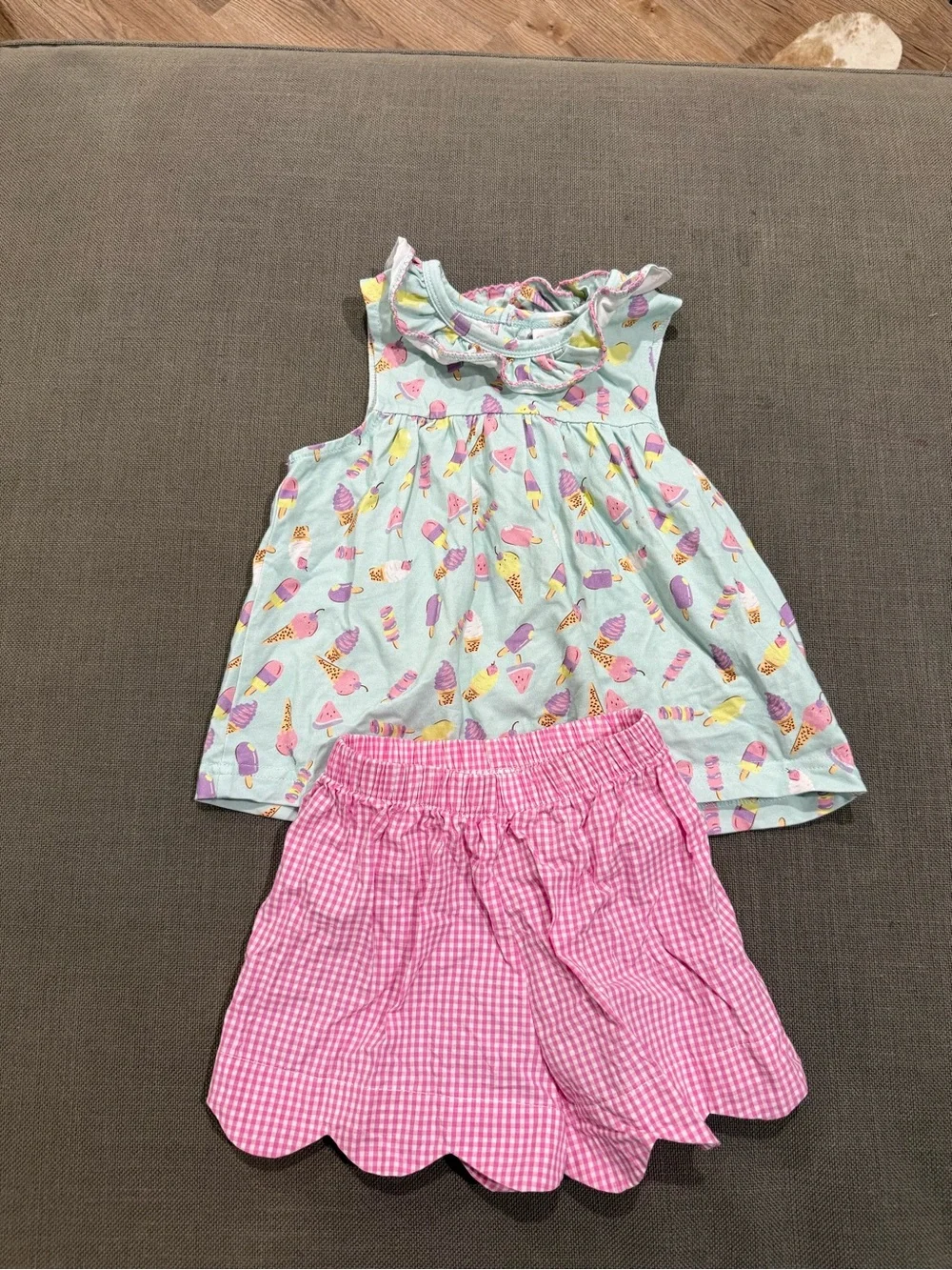Mint Ice Cream Print Ruffle Tank with Pink Gingham Scalloped Shorts